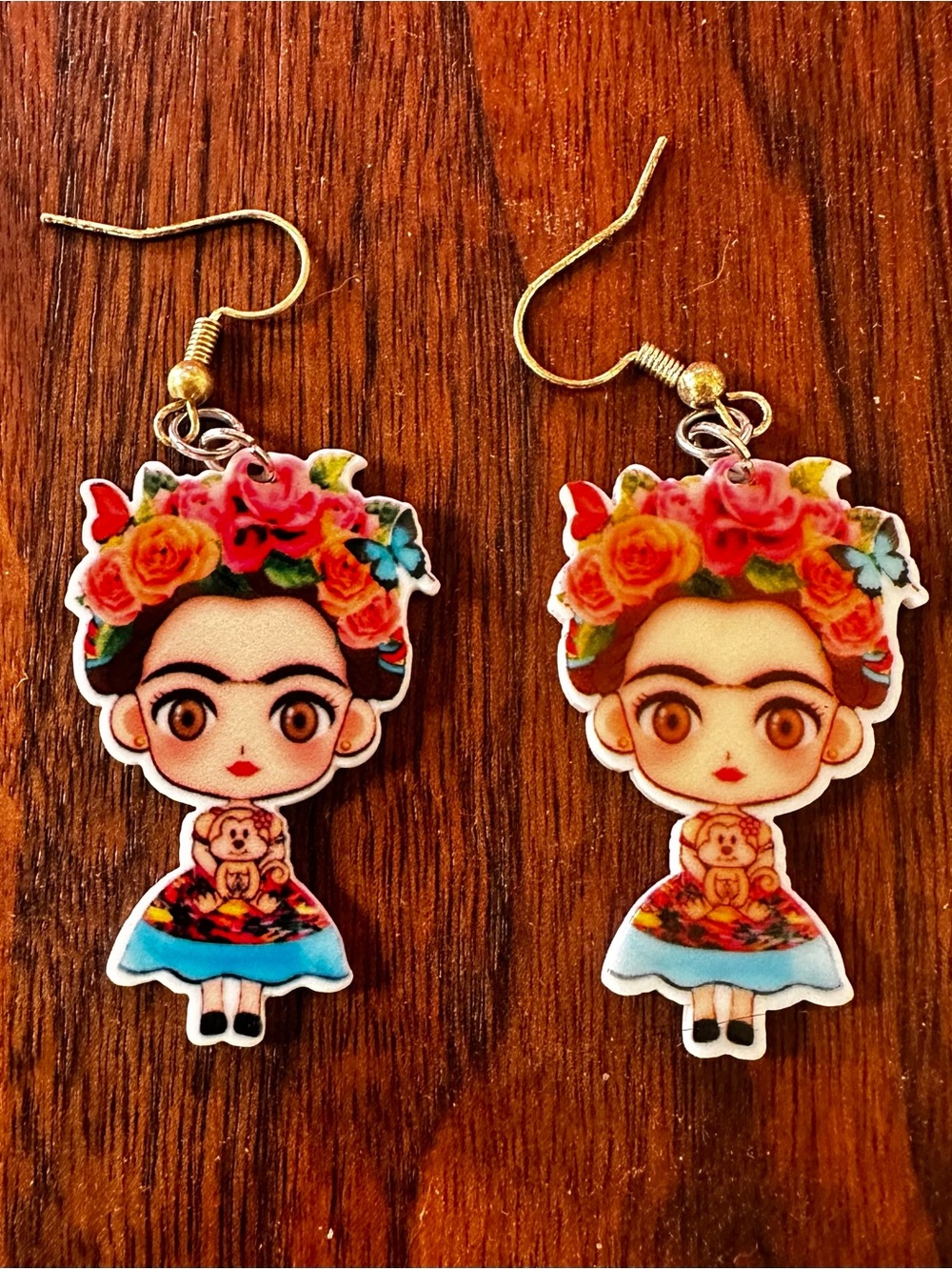 Cute Frida Kahlo Cartoon Floral Earrings - Colorful
